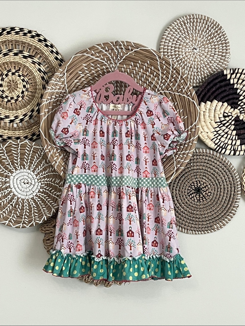 Matilda Jane Pink School Cottage Print Dress with Green Trim
